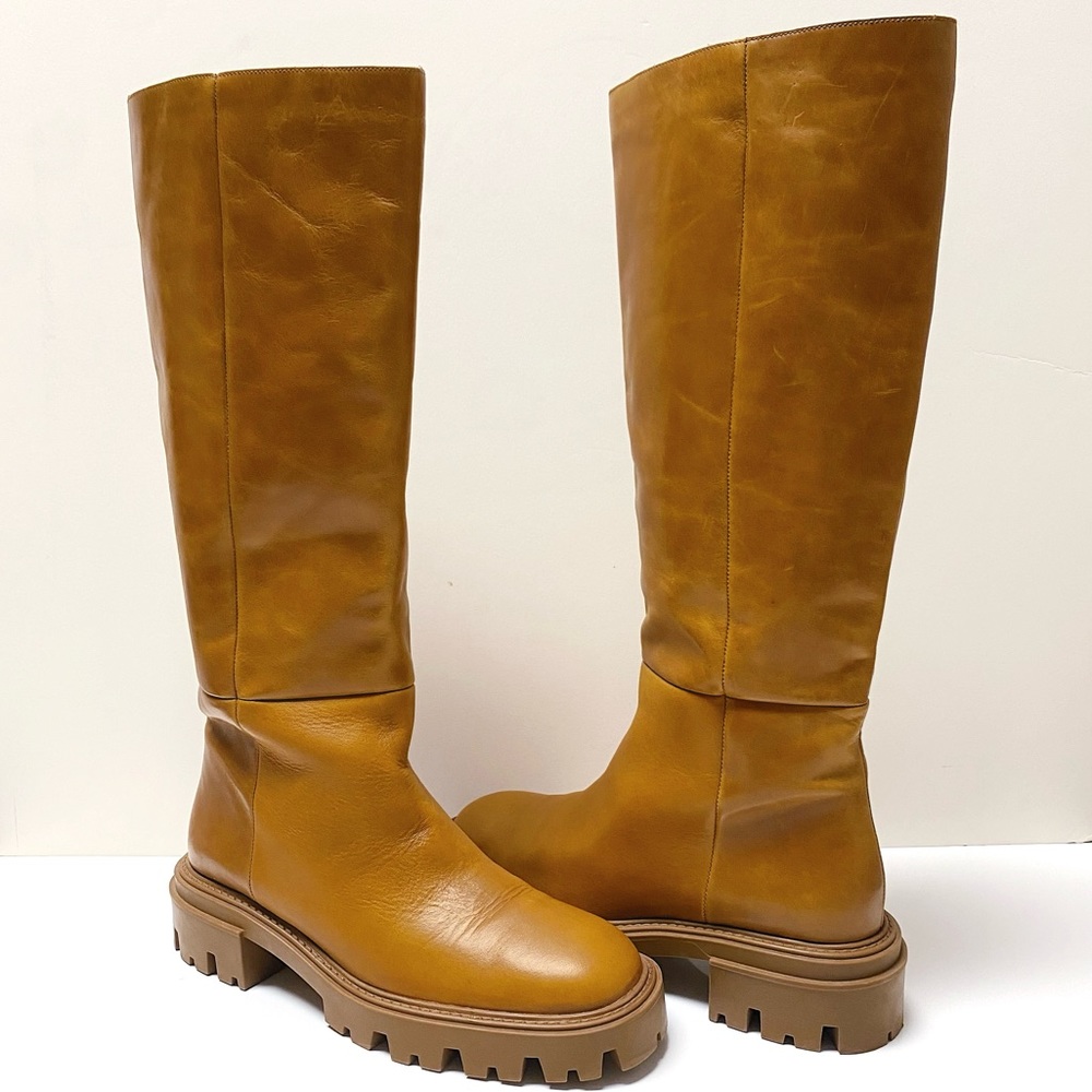 Zara Tan Cognac Brown Platform Knee High Leather Boots 41 10 11